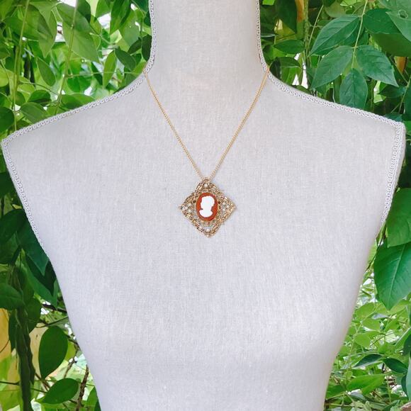 VTG Cameo Filigree Brooch Pendant Necklace Faux Pearl 60s 70s Victorian Revival - Picture 11 of 12